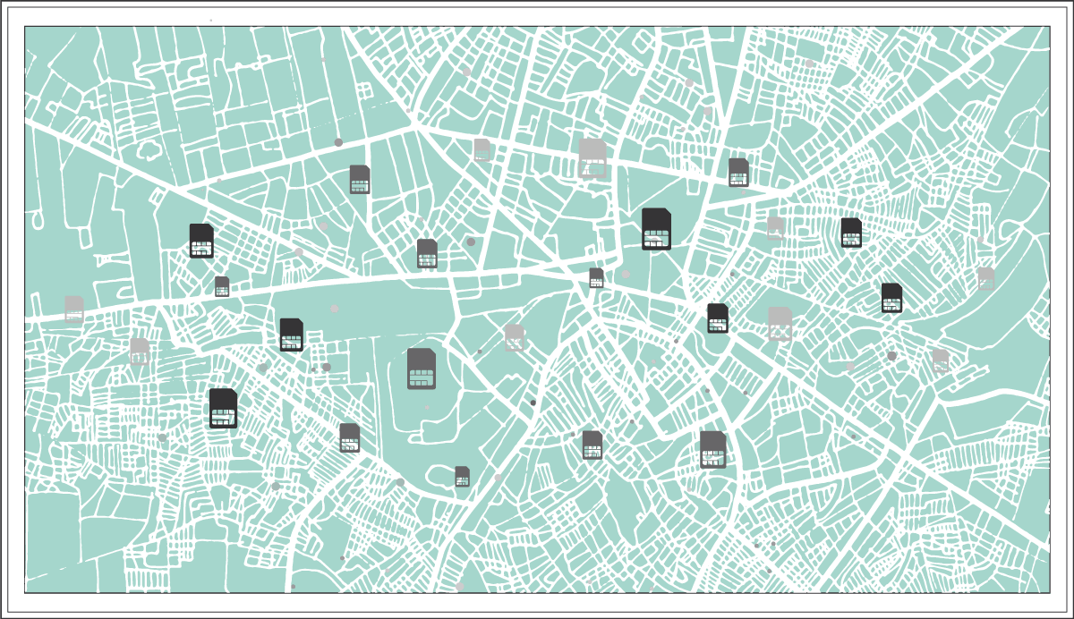 sim sulla mappa di un centro abitato